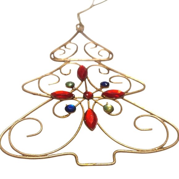 Gold Brass Christmas Tree Ornament With Colorful Gem Rhinestones Swirls 5" - Picture 5 of 5